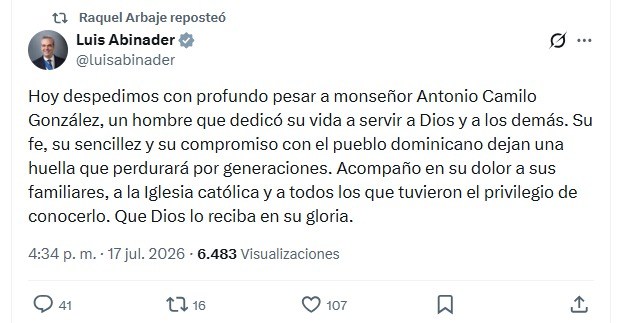 Abinader lamenta muerte de monseñor Antonio Camilo: «Su huella perdurará por generaciones»