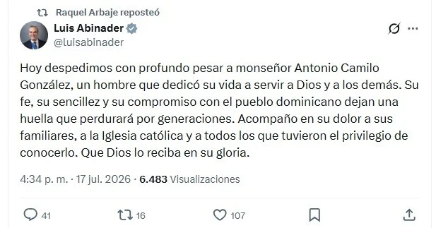 Abinader lamenta muerte de monseñor Antonio Camilo: «Su huella perdurará por generaciones»