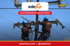 EDESUR · Mantenimiento eléctrico: linieros trabajando en un poste del tendido eléctrico
